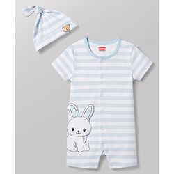 Babyhug 100% Cotton Interlock Knit Half Sleeves Striped Romper With Bunny Detailing & Cap - Light Blue