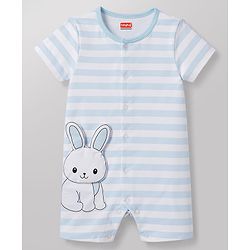 Babyhug 100% Cotton Interlock Knit Half Sleeves Striped Romper With Bunny Detailing & Cap - Light Blue