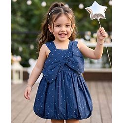 Babyhug Cotton Woven Sleeveless Polka Dots Printed Frock With Bow Applique - Navy Blue