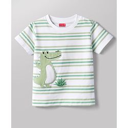 Babyhug Cotton Knit Half Sleeves Striped T-Shirt with Dino Patch - Multicolor