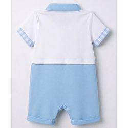 Babyhug 100% Cotton Knit Half Sleeves Tropical Theme Embroidered & Checked Romper - Light Blue