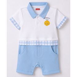 Babyhug 100% Cotton Knit Half Sleeves Tropical Theme Embroidered & Checked Romper - Light Blue