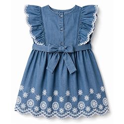 Babyhug Denim Woven Sleeveless Flared One Piece Frock With Floral Embroidery & Bow Applique - Blue