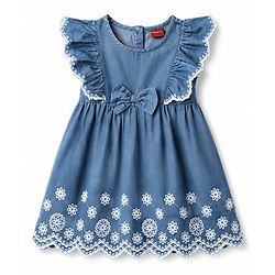 Babyhug Denim Woven Sleeveless Flared One Piece Frock With Floral Embroidery & Bow Applique - Blue