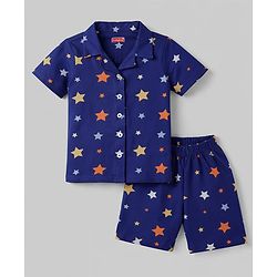 Babyhug Cotton Knit Half Sleeves Shirt & Shorts Co-ord Night Suit with Star Print - Navy Blue