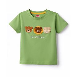 Babyhug Cotton Knit Half Sleeves T-Shirt with Teddy Patch - Multicolor