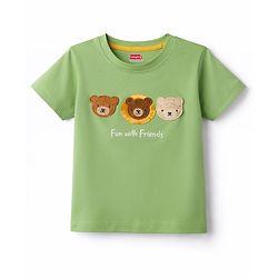 Babyhug Cotton Knit Half Sleeves T-Shirt with Teddy Patch - Multicolor