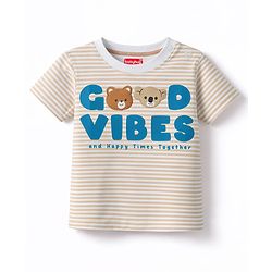 Babyhug Cotton Knit Half Sleeves Striped T-Shirt with Animal Patch - Multicolor