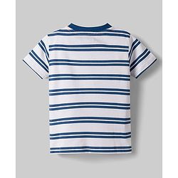 Babyhug 100% Cotton Knit T-Shirt Half Sleeves Striped with Car Applique Detailing Navy Color 6-9 Months