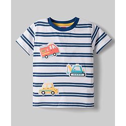 Babyhug 100% Cotton Knit T-Shirt Half Sleeves Striped with Car Applique Detailing Navy Color 6-9 Months