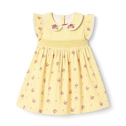 Babyhug See-Sucker Woven One Piece Dress with Sleeveless and Floral Embroidery - Yellow