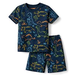 Babyhug 100% Cotton Knit Half Sleeves T-Shirt & Shorts Co-ord Night Suit with Dino Print - Navy Blue