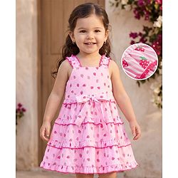 Babyhug Woven Sleeveless Strawberry Printed Tiered Frock - Pink