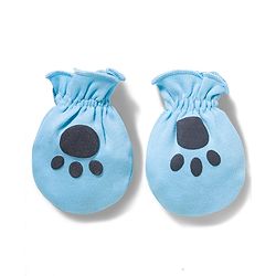 Babyhug 100% Cotton Interlock Knit Cap Mittens & Booties With Teddy Print Blue - Diameter 16 cm