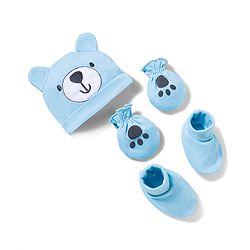 Babyhug 100% Cotton Interlock Knit Cap Mittens & Booties With Teddy Print Blue - Diameter 16 cm