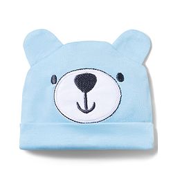 Babyhug 100% Cotton Interlock Knit Cap Mittens & Booties With Teddy Print Blue - Diameter 16 cm