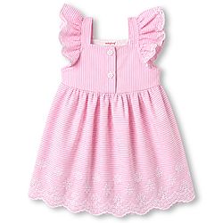 Babyhug Woven Frill Sleeves Striped & Floral Embroidered Frock - Pink