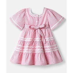 Babyhug 100% Cotton Mixes Woven Half Sleeves One Piece Dress with Floral Embroidery and Striped Print - Pink