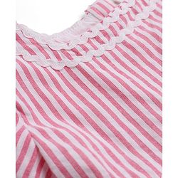 Babyhug 100% Cotton Mixes Woven Half Sleeves One Piece Dress with Floral Embroidery and Striped Print - Pink