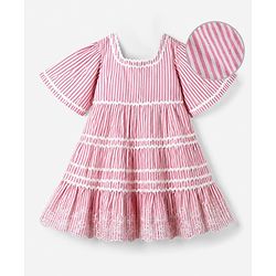 Babyhug 100% Cotton Mixes Woven Half Sleeves One Piece Dress with Floral Embroidery and Striped Print - Pink