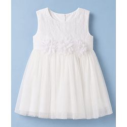 Babyhug Mesh Woven Sleeveless Frock with Floral Applique - White