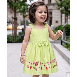Babyhug Cotton Woven Sleeveless Flared Striped One Piece Frock With Floral & Fruit Embroidery - Green