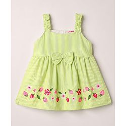 Babyhug Cotton Woven Sleeveless Flared Striped One Piece Frock With Floral & Fruit Embroidery - Green