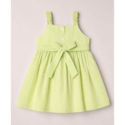 Babyhug Cotton Woven Sleeveless Flared Striped One Piece Frock With Floral & Fruit Embroidery - Green