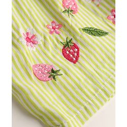 Babyhug Cotton Woven Sleeveless Flared Striped One Piece Frock With Floral & Fruit Embroidery - Green