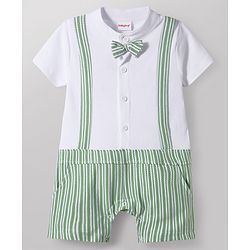 Babyhug Popcorn Knit Half Sleeves Striped Romper with Bow - Multicolor