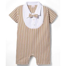 Babyhug Popcorn Knit Half Sleeves Striped Romper with Attached Waist Coat & Bow Applique - Multicolor