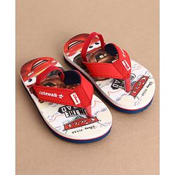 Cute Walk by Babyhug Disney Back Strap Closure Flip Flops With Cars Print - White & Red