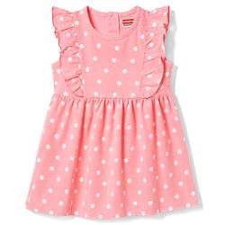 Babyhug Single Jersey Knit Flutter Sleeves Floral Printed Frock With Bloomer - Pink