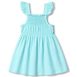 Babyhug Single Jersey Knit Frill Sleeves Floral Printed Smocked Frock With Bloomer & Bow Applique - Aqua Blue