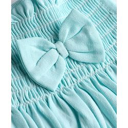 Babyhug Single Jersey Knit Frill Sleeves Floral Printed Smocked Frock With Bloomer & Bow Applique - Aqua Blue
