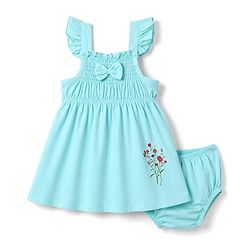 Babyhug Single Jersey Knit Frill Sleeves Floral Printed Smocked Frock With Bloomer & Bow Applique - Aqua Blue