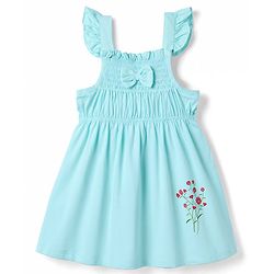 Babyhug Single Jersey Knit Frill Sleeves Floral Printed Smocked Frock With Bloomer & Bow Applique - Aqua Blue