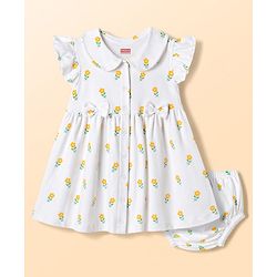 Babyhug Cotton Woven Frocks with Bloomer/Short Frill Sleeves Peter Pan Collar All Over Floral Print White Newborn
