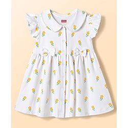 Babyhug Cotton Woven Frocks with Bloomer/Short Frill Sleeves Peter Pan Collar All Over Floral Print White Newborn