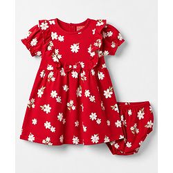 Babyhug Single Jersey Knit Half Sleeves Floral Printed Frock With Bloomer & Bow Applique - Red