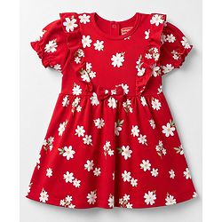 Babyhug Single Jersey Knit Half Sleeves Floral Printed Frock With Bloomer & Bow Applique - Red