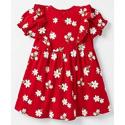Babyhug Single Jersey Knit Half Sleeves Floral Printed Frock With Bloomer & Bow Applique - Red