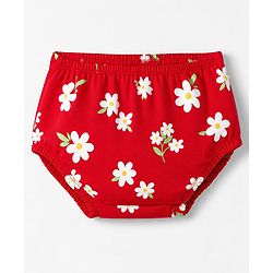 Babyhug Single Jersey Knit Half Sleeves Floral Printed Frock With Bloomer & Bow Applique - Red