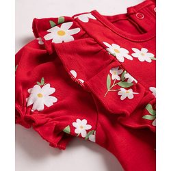 Babyhug Single Jersey Knit Half Sleeves Floral Printed Frock With Bloomer & Bow Applique - Red