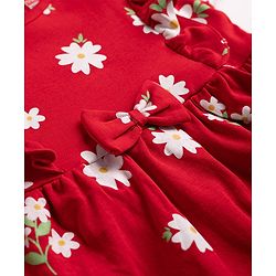 Babyhug Single Jersey Knit Half Sleeves Floral Printed Frock With Bloomer & Bow Applique - Red