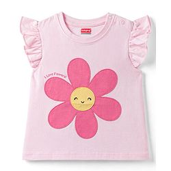 Babyhug Cotton Knit T-Shirt with Graphic Print and Ruffled Sleeves Pink 6-9 Months