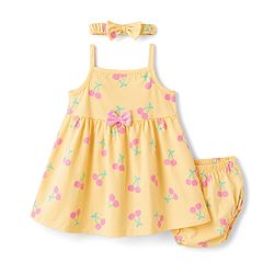Babyhug Single Jersey Knit Sleeveless Cherry Printed Bow Applique Frock With Bloomer & Headband - Yellow