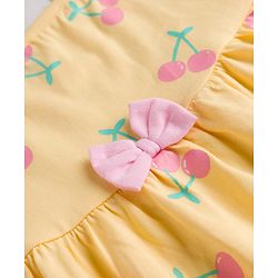 Babyhug Single Jersey Knit Sleeveless Cherry Printed Bow Applique Frock With Bloomer & Headband - Yellow