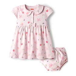 Babyhug Cotton Knit Frocks with Bloomer/Short Cap Sleeves Peter Pan Collar All Over Prints Pink Newborn
