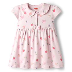 Babyhug Cotton Knit Frocks with Bloomer/Short Cap Sleeves Peter Pan Collar All Over Prints Pink Newborn